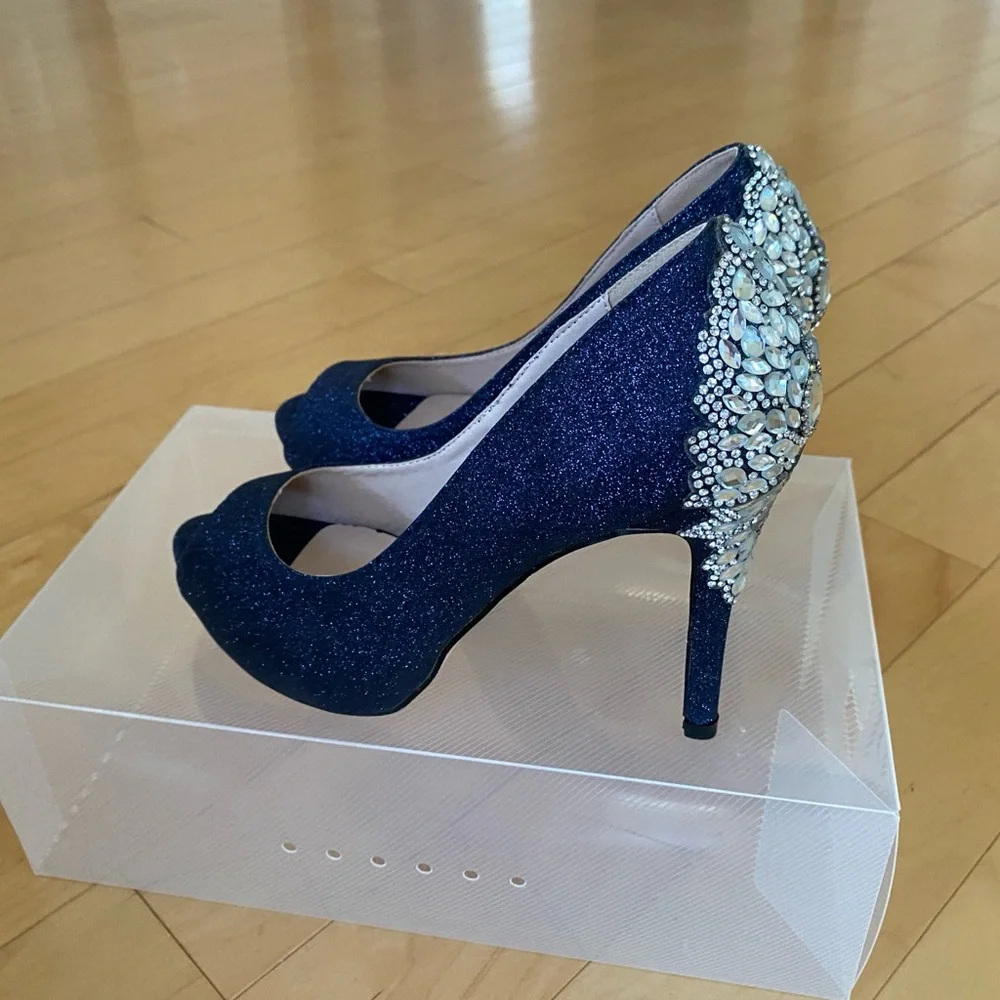 Women's Navy Glitter Peep-Toe Heels with Crystal Accent